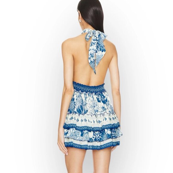 Women’s Agua Bendita Maona Mini Dress Large Halter Neck Stretch Smocked Waist - Picture 5 of 15